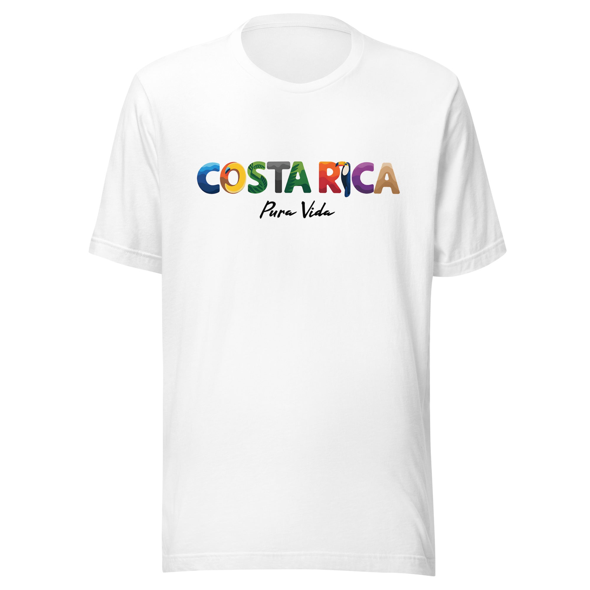 T-shirt con diseño colorido del país Costa Rica con texto “Costa Rica – Pura Vida”.